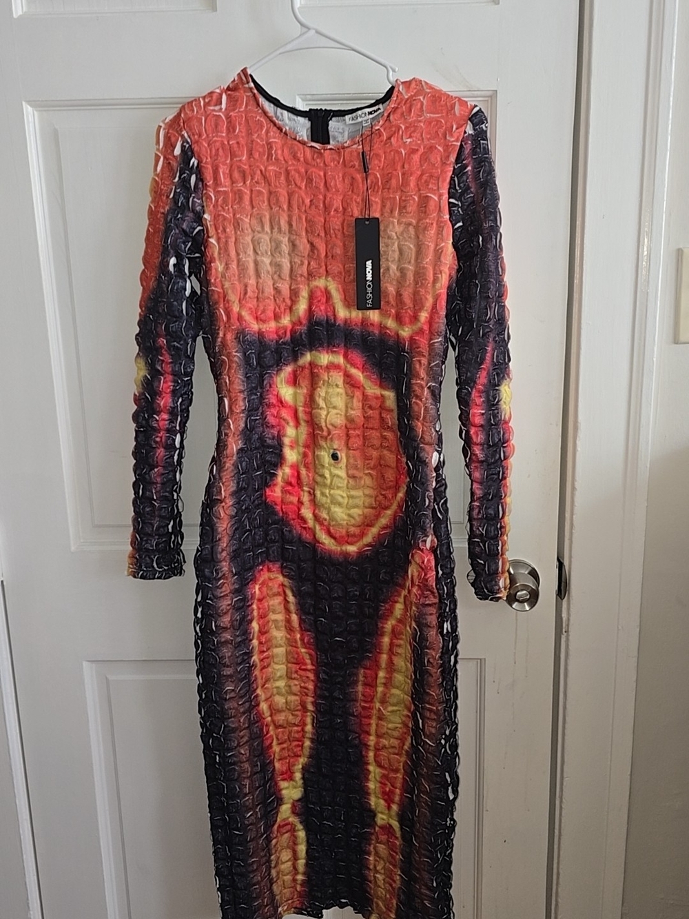 Fashion Nova Coral, Black & Yellow Long Sleeve Textured Bodycon Dress